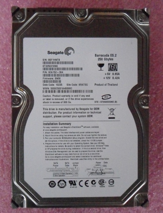 Seagate Barracuda ES.2 ST3250310NS 250GB 7200rpm SATA Internal Hard Drive